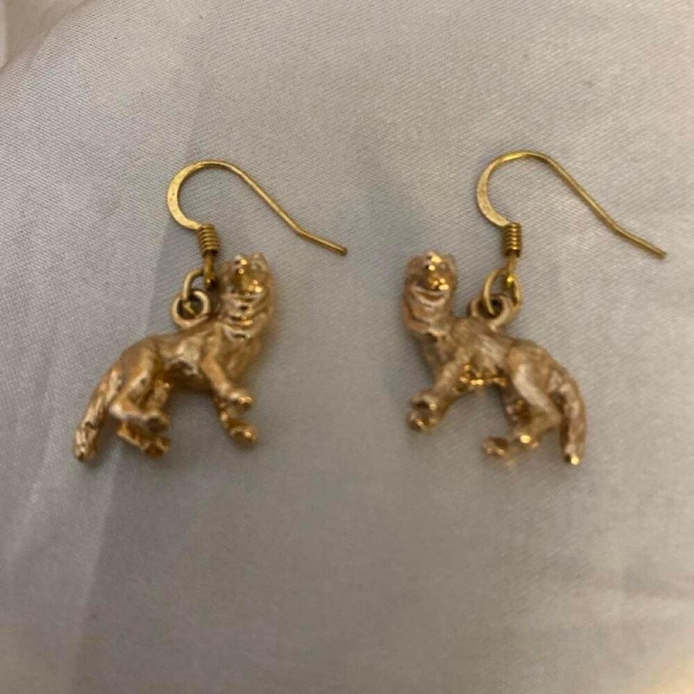 Vintage Gold Tone Fox Figural Dangle Earrings 3D Animal Drop Earrings